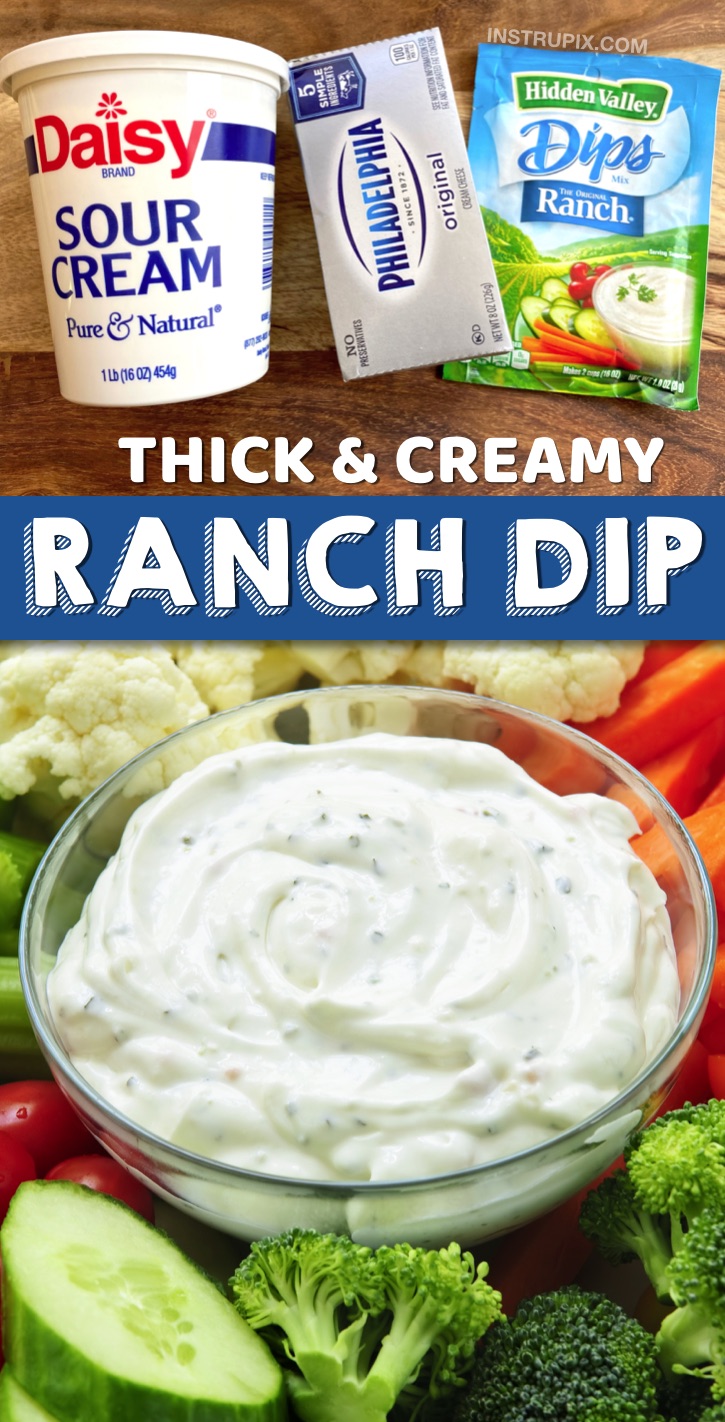 Easy Homemade Thick & Creamy Ranch Dip Recipe made with 3 ingredients: Hidden Valley, sour cream and cream cheese. The perfect dip recipe for veggies, potato chips, wings and more! Great for parties, potlucks or any get-together.