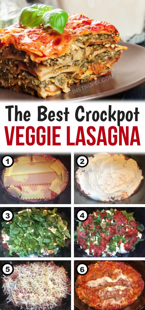 Looking for easy vegetarian crockpot recipes for dinner? This slow cooker veggie lasagna is super simple to make with just a few ingredients! It's also healthy and loaded with vegetables including spinach and zucchini. A favorite main dish in my family. You could also add meat if you'd like. Customize any way you'd like with other vegetables, too-- mushrooms, onion, squash, etc. Definitely budget friendly with rather cheap ingredients. Your entire family will love it! #vegetarian #slowcooker