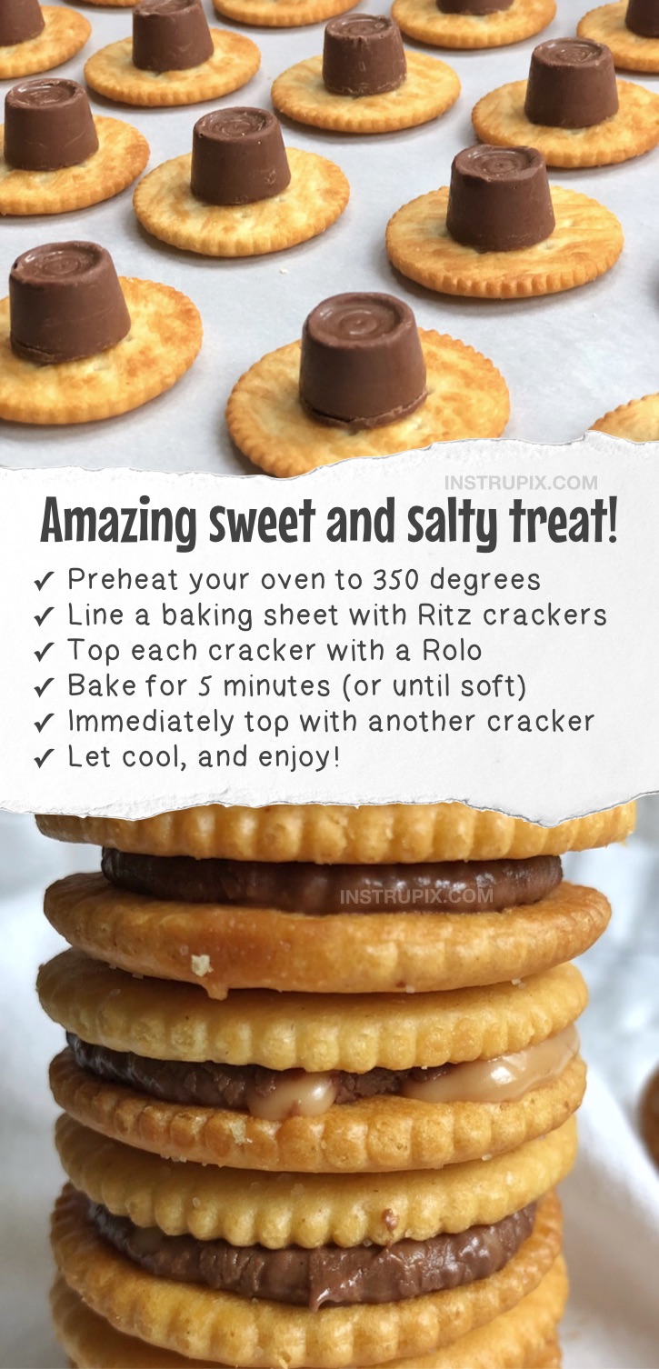 Rolo Ritz Cookies (2 ingredients!) | Easy and fun snack and treat ideas made with Ritz crackers! These Ritz cracker recipes are perfect for making treats, snacks, sandwiches and even pizza! Quick and easy snack ideas for kids. #ritz #snacks #treats #instrupix #kidssnacks #easyrecipes #2ingredients 