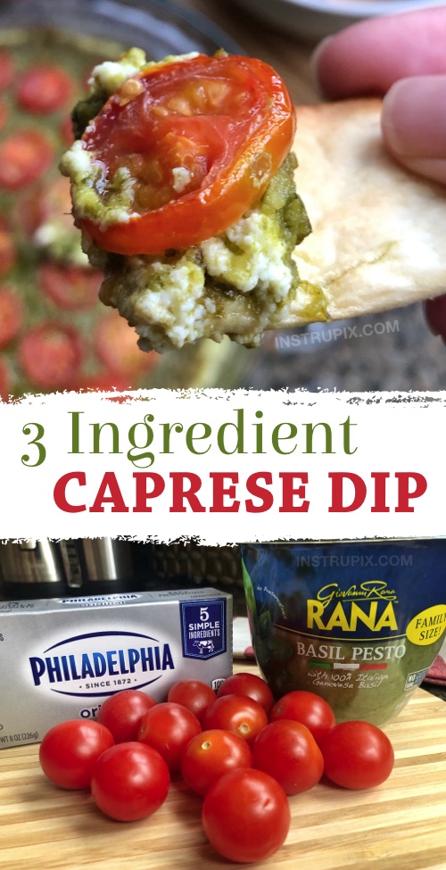 Looking for easy crowd pleasers? This quick and easy party dip appetizer is made with just 3 ingredients! Cream cheese, pesto and tomatoes. This simple dip is always a hit at parties! Serve it with pita chips or baguette slices. Great for a party or small get-togethers. You can make it ahead and then pop it in the oven. #instrupix