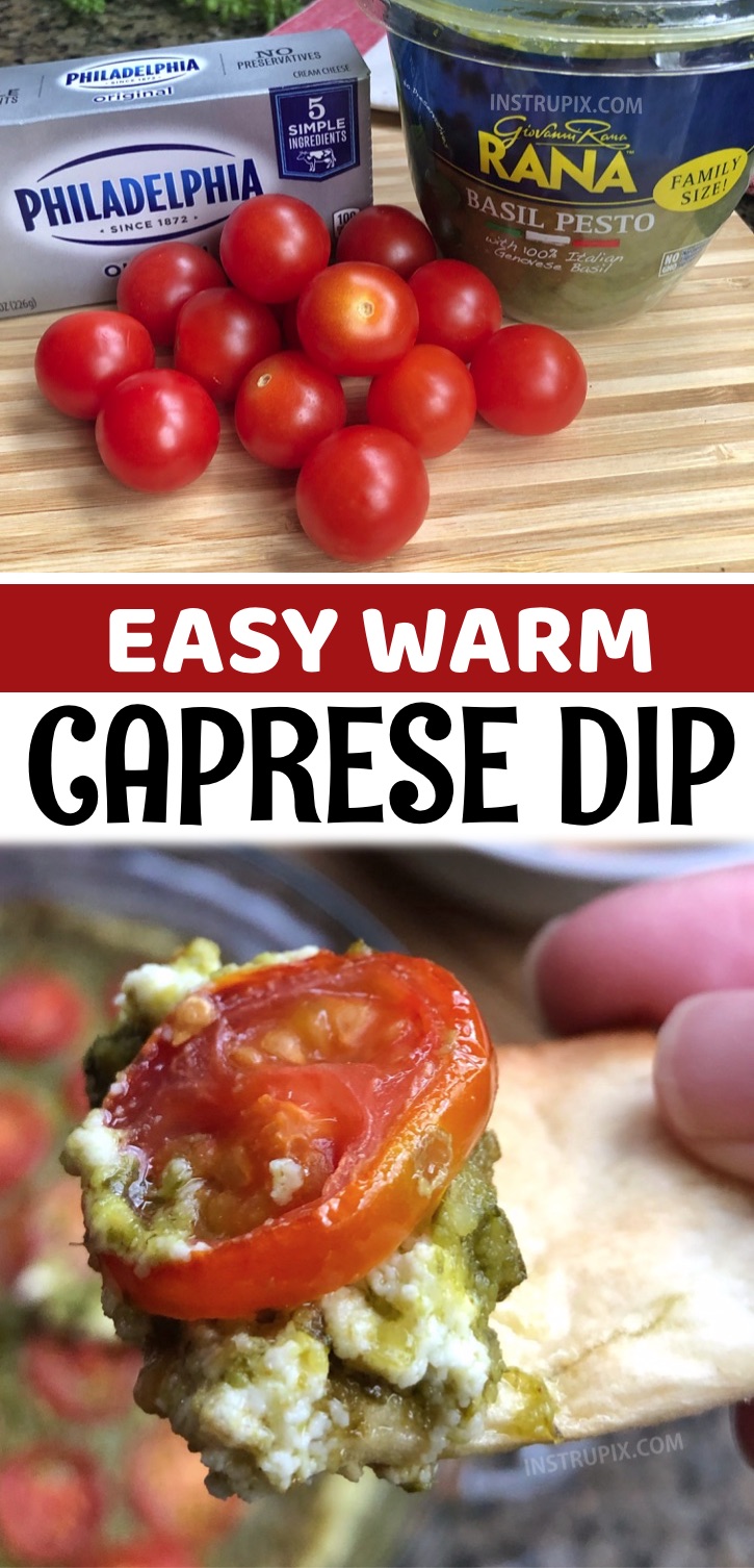 3 Ingredient Warm Caprese Dip Appetizer - The Absolute Best Quick & Easy Appetizer For A Crowd -- I’m a HUGE basil pesto fan. This heavily mixture is good on just about everything! My all time favorite way to enjoy it is baked with cream cheese. It's the best last minute appetizer and snack idea for family gatherings and parties, and it's made with just 3 ingredients: cream cheese, store-bought basil pesto and sliced tomatoes (plus pita chips for serving). You can make it ahead of time, and then pop it in the oven when you're ready.
