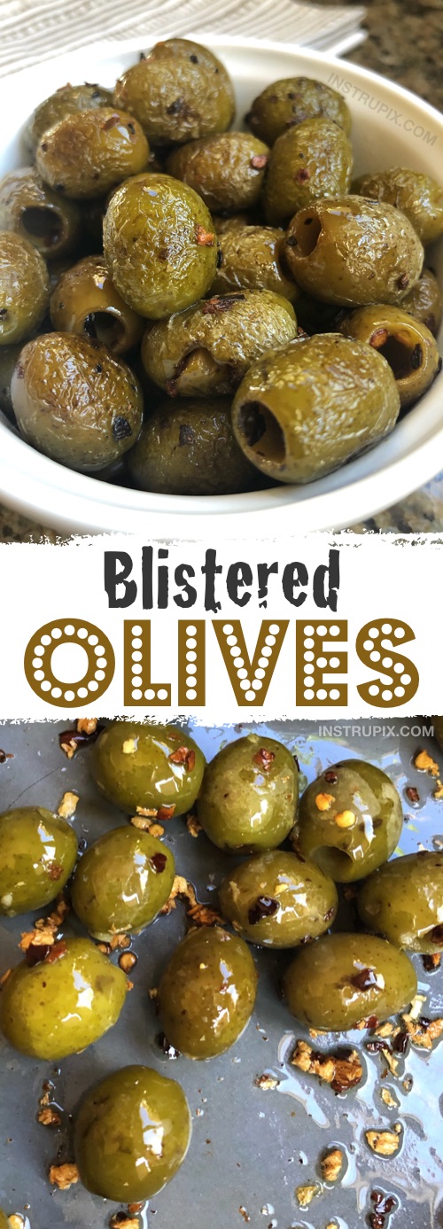 This easy low carb snack idea is perfect for on the go! They are also the most delightful little keto party snacks to accompany a cheese board. Blistered Green Olives Recipe | Instrupix #keto #lowcarb #greenolives #instrupix 
