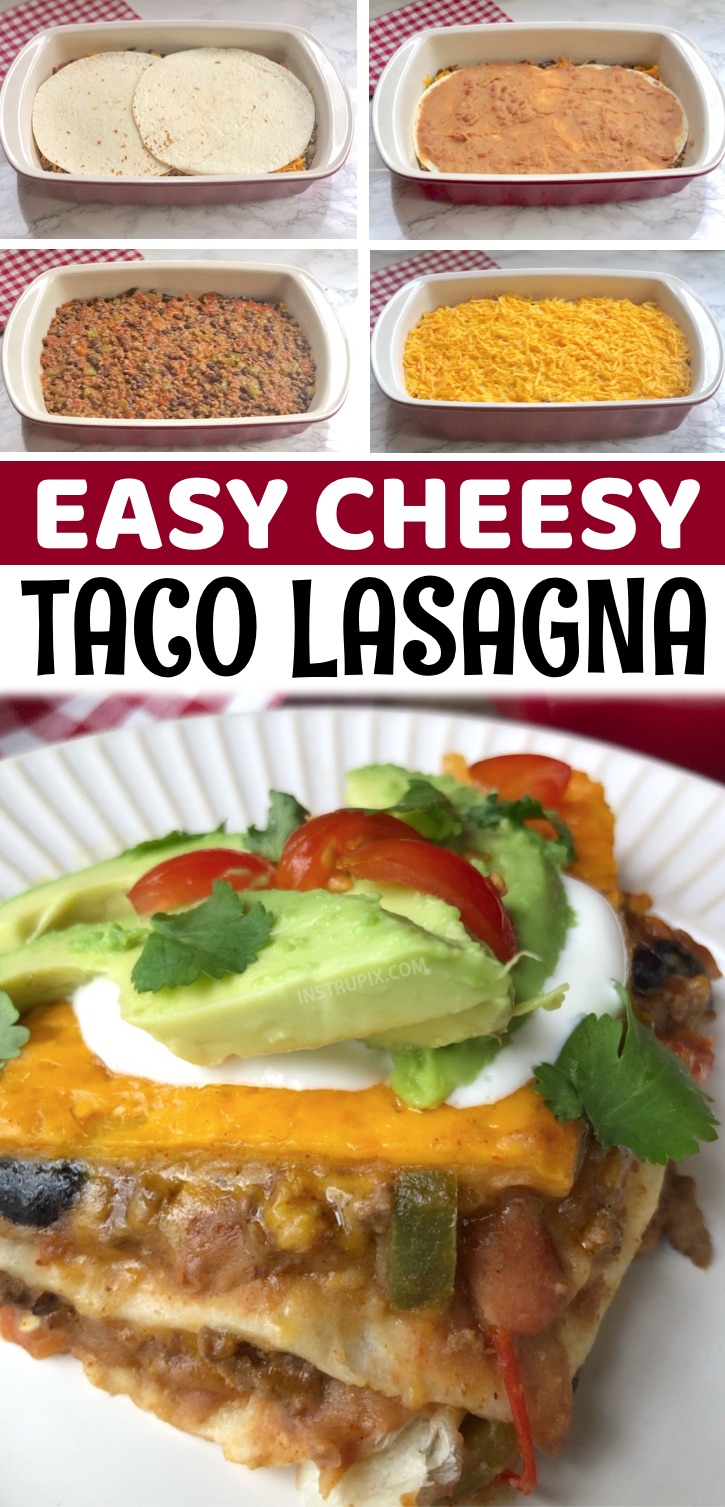 Cheesy Taco Lasagna Recipe - This unique recipe is basically a fun twist on your classic taco or burrito. Simply layer your favorite taco ingredients into a baking dish and then bake until warm. Top with fresh veggies and sour cream, and watch as everyone licks their plates clean. Even your picky eaters will love this versitile recipe! It's made with simple and cheap ingredients: flour tortillas, ground beef, refried beans, cheese and the taco fillings of your choice like onion, jalapeno, tomato or bell pepper. Yummy!