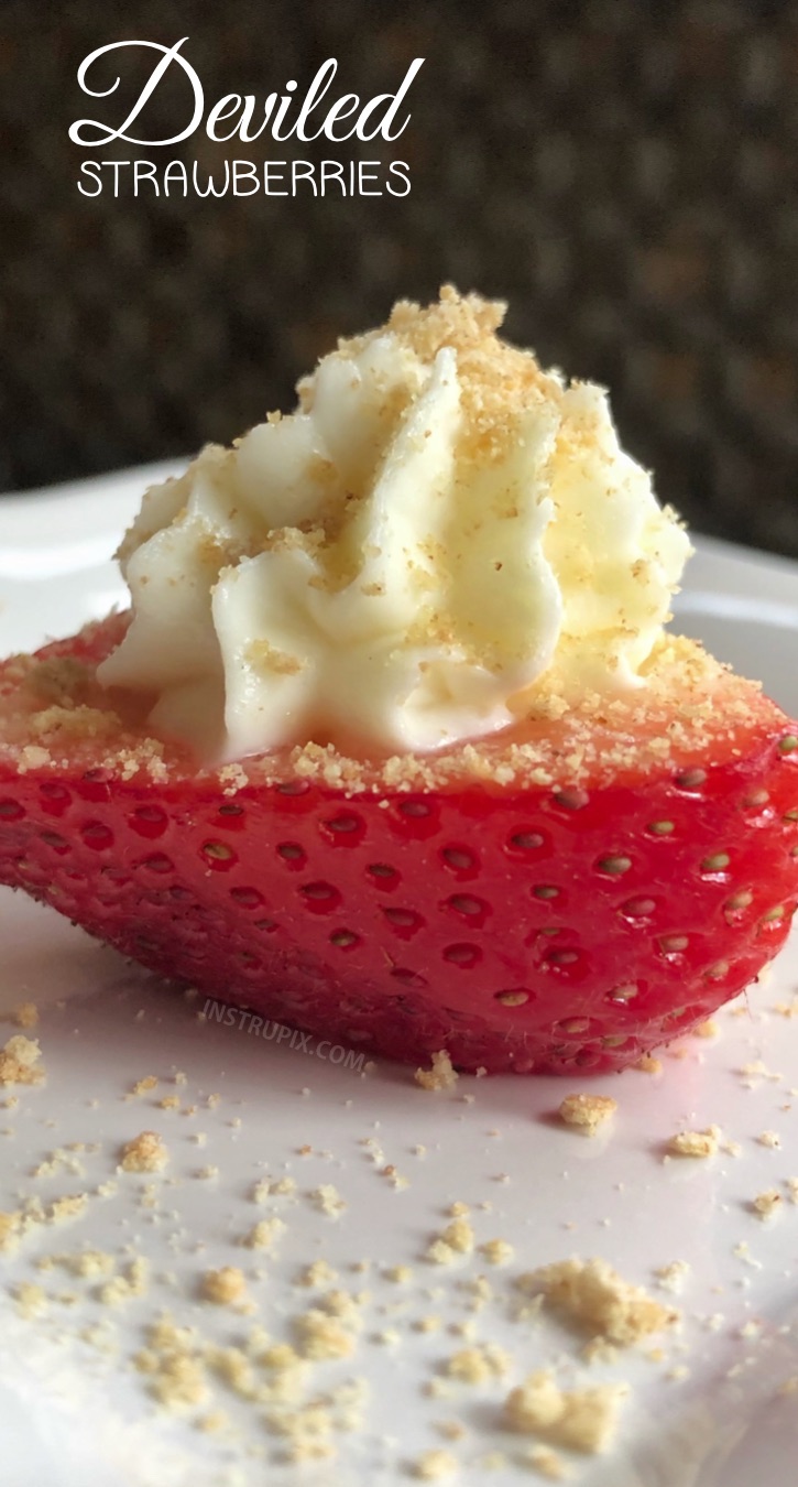 Deviled Strawberries Recipe (made with a sweet cream cheese filling) - The BEST finger food, sweet snack and party idea for a crowd! This quick, easy and fun appetizer idea is also perfect for Valentine's Day! Kids and adults love them. #instrupix #partyfood #strawberries #cheesecake #creamcheese #valentinesday #dessert #sweettooth 
