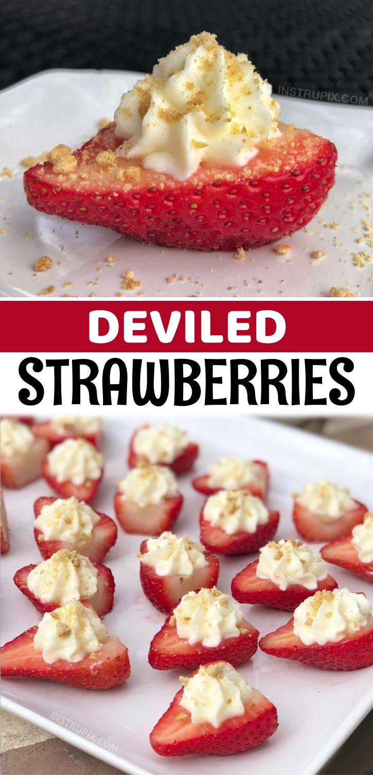 Deviled Strawberries - If you like strawberry cheesecake, then you are going to go bonkers over these darling deviled strawberries stuffed with an irresistible sweet cream cheese filling, and then topped with crushed graham crackers. They make for a delightful party food display, and trust me, they’ll be the first thing to disappear. They are a fabulous treat for 4th of July, Valentine’s Day, birthday parties, girl’s night in, game day, BBQ’s, potlucks, Christmas or any other celebration.