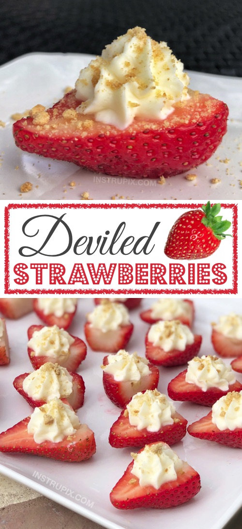 OMG!! Made with a sweet cream cheese filling! - The BEST finger food, sweet snack and party idea for a crowd! This quick, easy and fun appetizer idea is also perfect for Valentine's Day! Kids and adults love them. | Deviled Strawberries Recipe #instrupix #partyfood #strawberries #cheesecake #creamcheese #valentinesday #dessert #sweettooth 