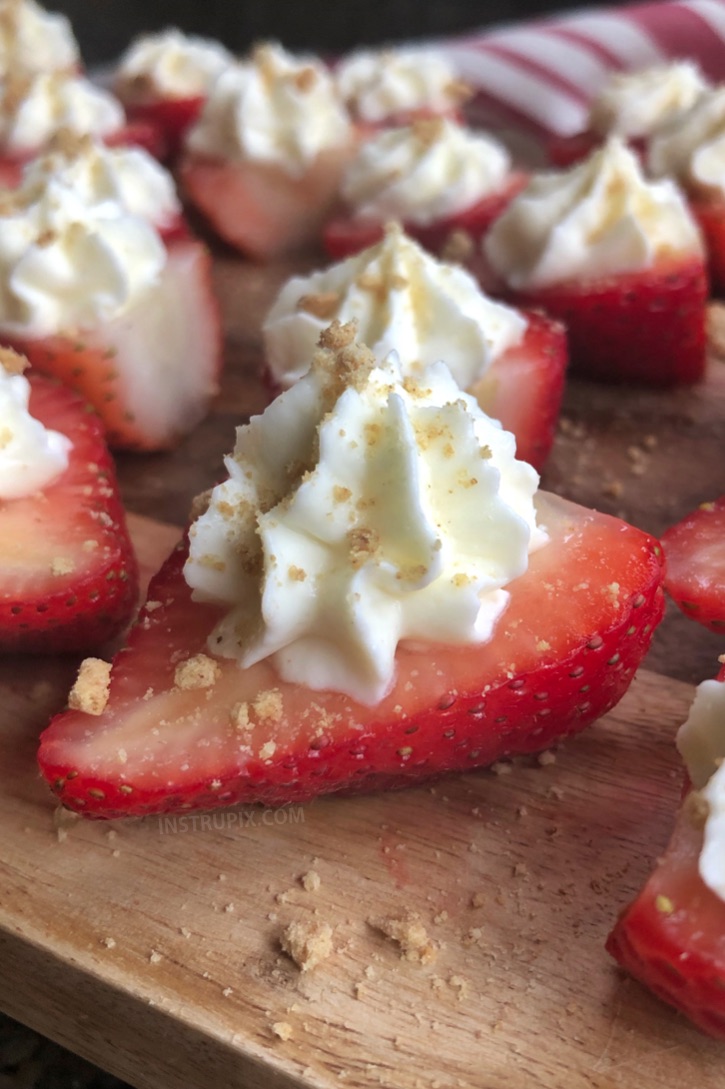 Deviled Strawberries Recipe (made with a sweet cream cheese filling) - The BEST finger food, sweet snack and party idea for a crowd! This quick, easy and fun appetizer idea is also perfect for Valentine's Day! Kids and adults love them. #instrupix #partyfood #strawberries #cheesecake #creamcheese #valentinesday #dessert #sweettooth 