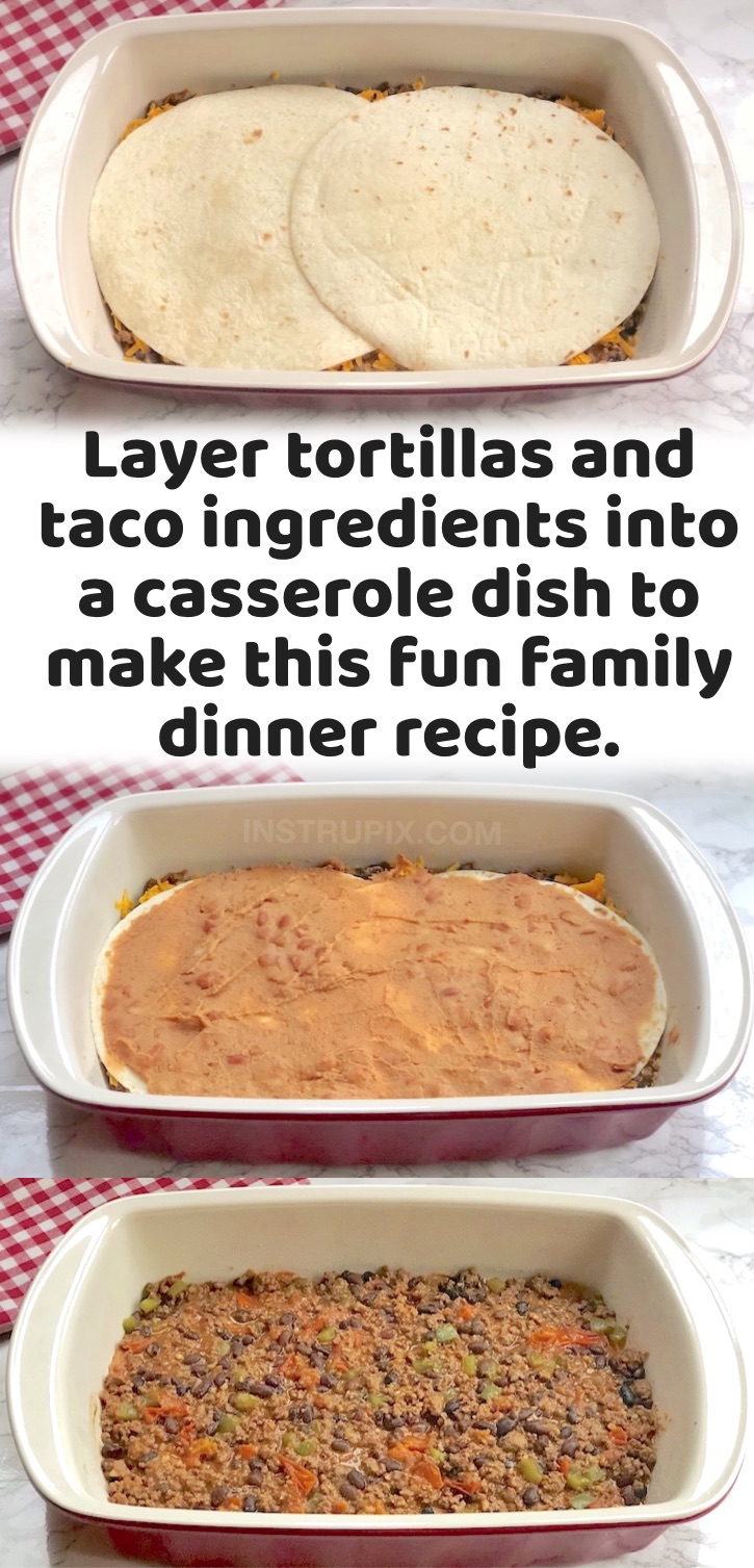 Quick & Easy Family Dinner Recipes | If you're trying to feed a family with picky kids, you've got to try this fun and unique recipe! Everyone loves burritos and tacos, so not why not layer all of the simple & cheap ingredients into a casserole dish and make it into a Mexican inspired lasagna! I just use flour tortillas, ground beef, refried beans, shredded cheese, peppers, onions and seasoning. Then you can top it with anything you'd like such as avocado, sour cream and cilantro. So yummy!