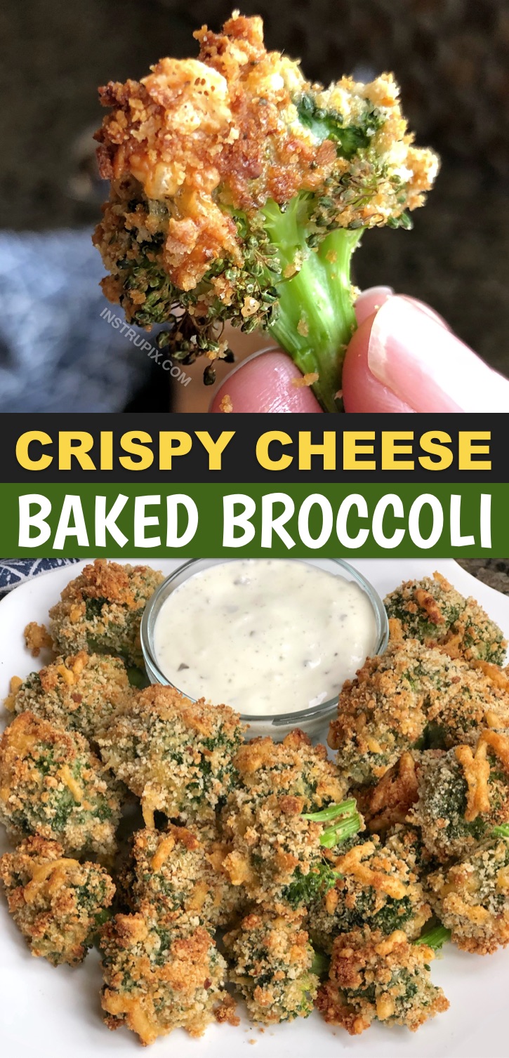 Looking for healthy and clean eating snacks that are quick and easy to make? Kids and adults will love this crispy cheese baked broccoli recipe! It's so simple to make with cheap and common ingredients including bread crumbs, parmesan, eggs, milk and seasoning to taste. It's delicious served as a side dish with dinner or snack dipped in ranch dressing. Great for after school! Your toddlers, kids and teens will love this healthy roasted cheesy broccoli. A super yummy vegetarian snack and side dish. #broccoli #instrupix