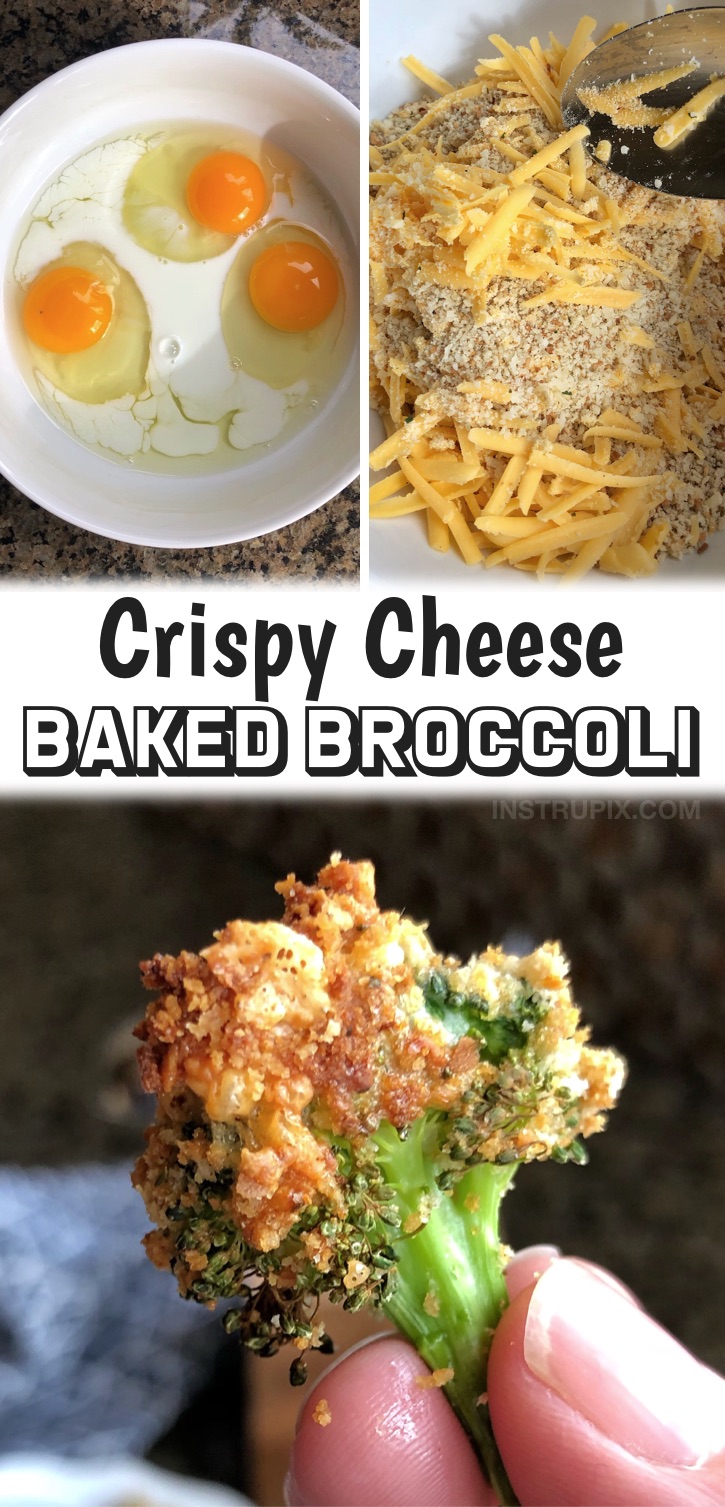 Easy Healthy Snack Ideas -- You won't believe how yummy this crispy cheese baked broccoli is! You would never guess you're eating veggies. My kids love this simple snack (or even light lunch) recipe. It's also a great side dish for dinner! I'm always looking for easy snack ideas for my picky eaters, and even my teens love this broccoli, especially dipped in ranch. They are so good, they almost taste fried. This broccoli is really simple to make with just a few basic and cheap ingredients.