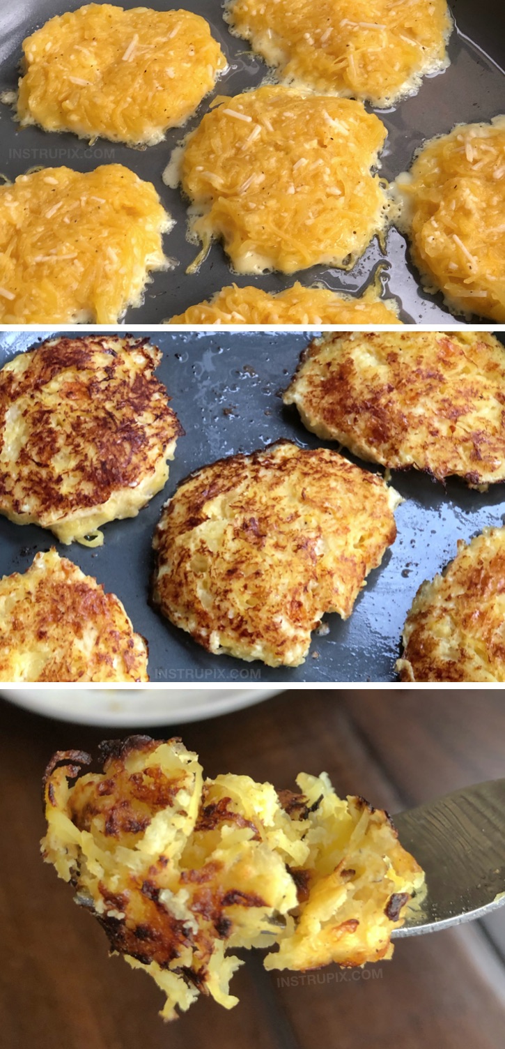 LOW CARB breakfast idea! Spaghetti Squash Hash Browns Recipe - Looking for easy and healthy spaghetti squash recipes? This one is great for the leftover squash! Low carb and keto friendly! Keto breakfast recipe! #instrupix #lowcarb #keto #spaghettisquash
