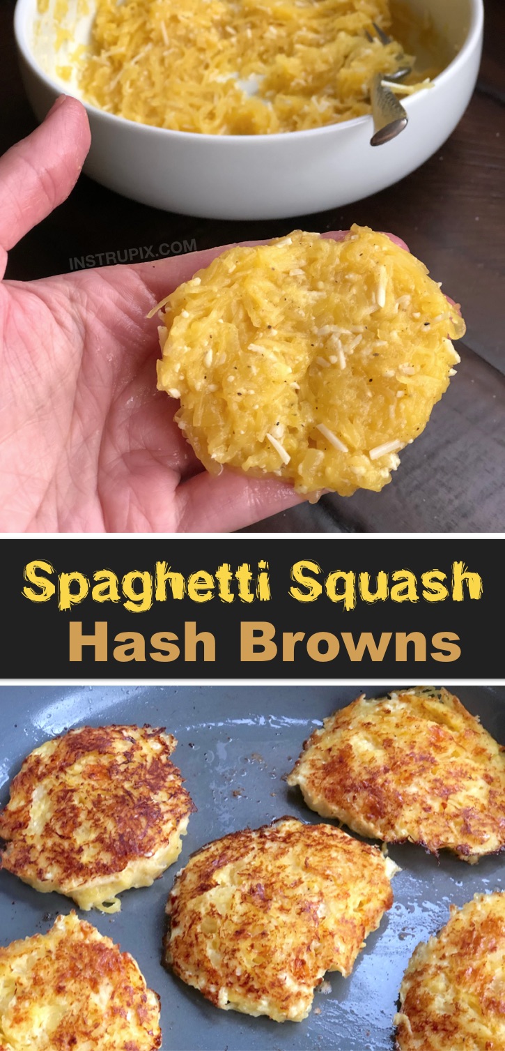 Looking for low carb healthy breakfast recipes other than just eggs? These spaghetti squash hash browns are incredibly quick and easy to make with just a few ingredients: spaghetti squash, egg, parmesan and seasoning to taste. So simple! I make these whenever I have any leftover squash. You just saute them like a patty until they are nice and crispy on the outside. Serve with bacon, sausage or scrambled eggs. A yummy potato alternative for breakfast. 