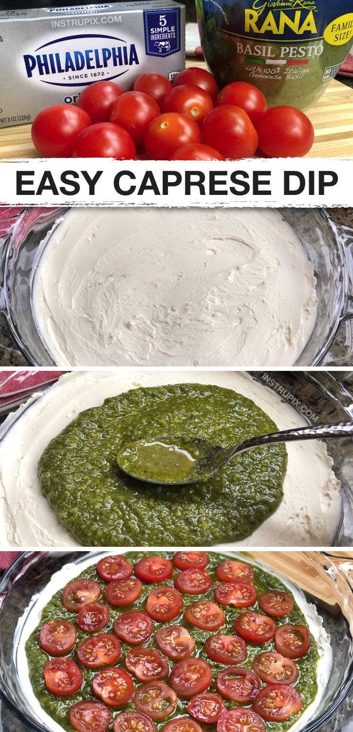 Looking for quick and easy appetizer or snack ideas? This 3 ingredient dip is SO GOOD served with pita chips. It's the best make ahead appetizer for a party or lazy Sunday afternoon with the family. It's made with just 3 cheap ingredients: cream cheese, basil pesto and tomatoes. Yum! This is healthy snack idea for adults or even homemade party dip that everyone will love. Great for girls night! It's also good leftover in a sandwich for work the next day. #snackidea #3ingredients #instrupix