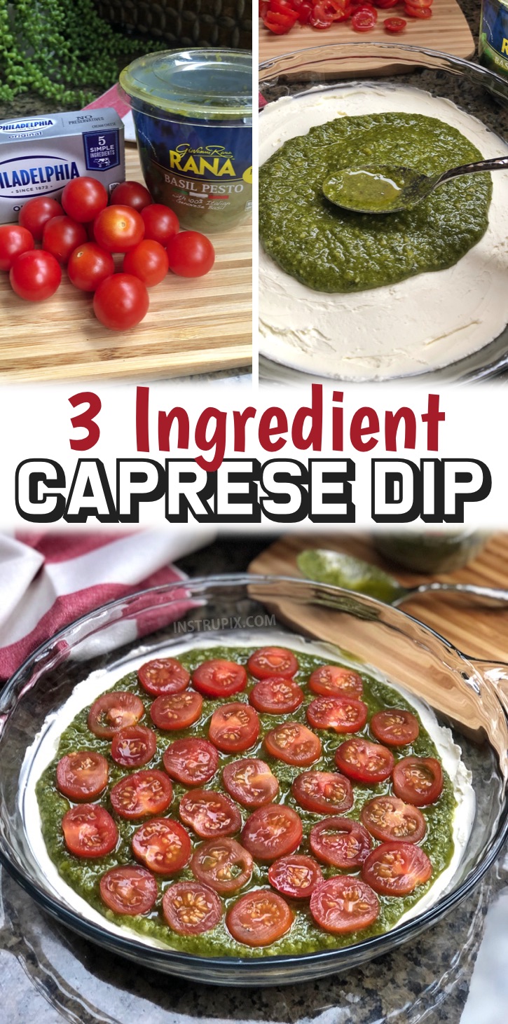 Party Food Ideas -- Quick and easy 3 ingredient caprese dip! You're going to love this simple and cheap party appetizer. It's made with just a few ingredients: cream cheese, pesto and diced tomatoes. The best dip for a crowd served with pita chips! You can make it ahead and then just pop it in the oven when you're ready to serve. It's a great last minute party appetizer or snack idea for family gatherings. Great for adults entertaining for just about any occasion like birthdays and holidays.