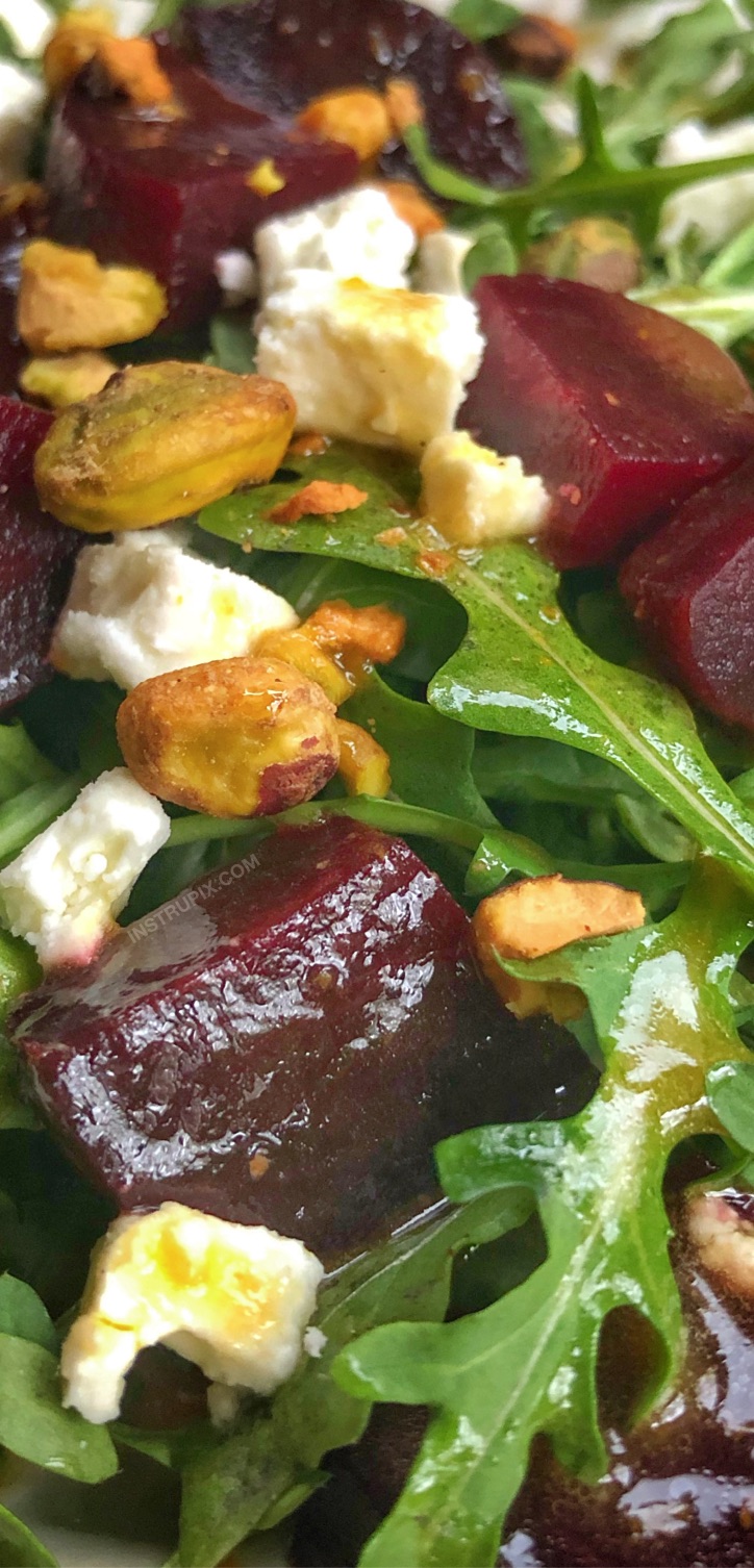 Orange Balsamic Vinaigrette (served with a delicious beet salad) -- Easy and healthy homemade salad dressing vinaigrette recipe made with olive oil, balsamic vinegar, orange juice, garlic and honey. Served with a beet salad made with feta and pistachios. #instrupix #saladdressing #beetsalad