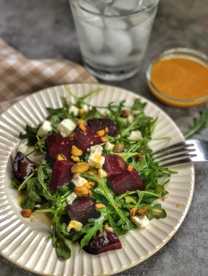 A delicious beet salad served with an orange balsamic vinaigrette. 