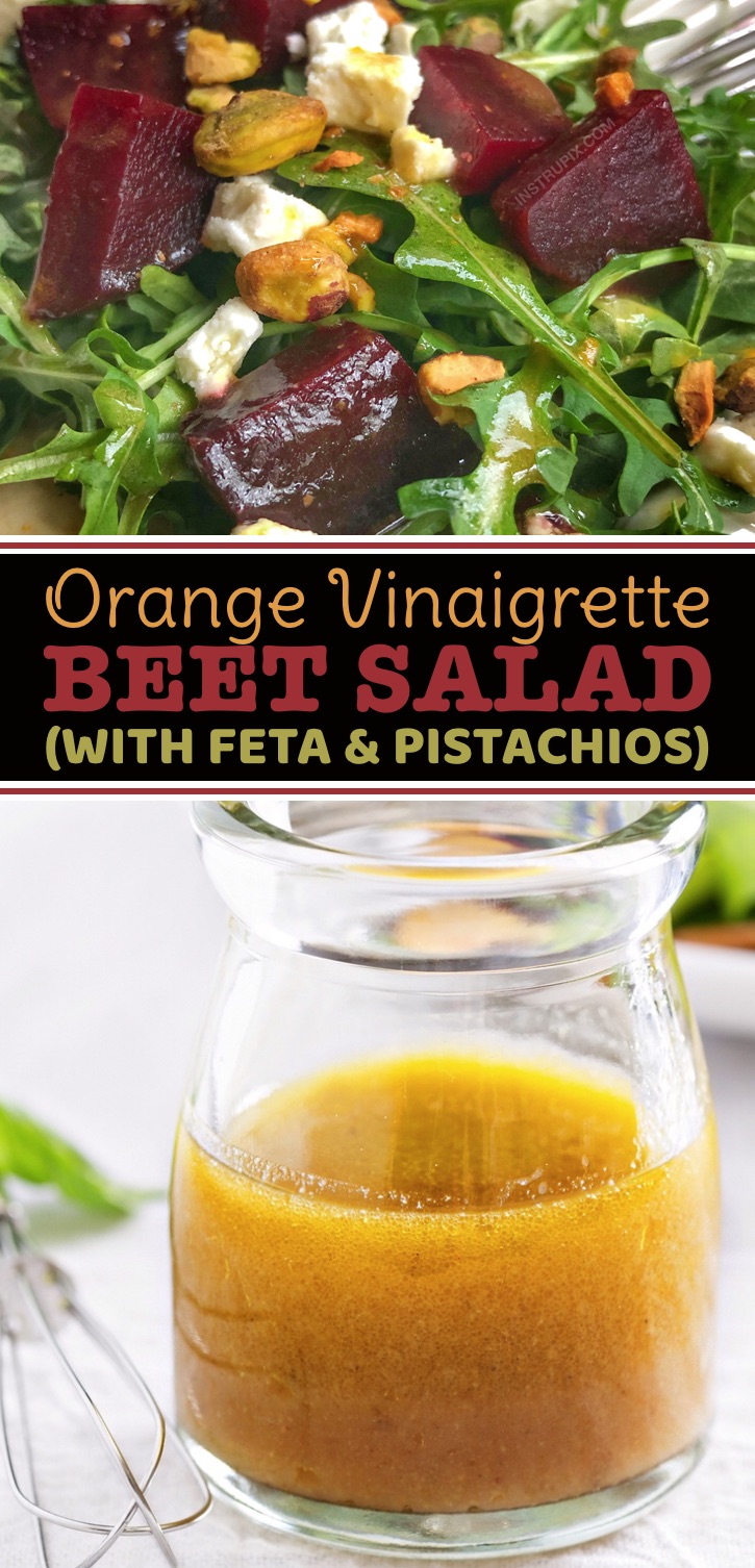 Easy and healthy homemade salad dressing vinaigrette recipe made with olive oil, balsamic vinegar, orange juice, garlic and honey. Served with a delicious beet salad with feta and pistachios. #instrupix #saladdressing #beetsalad