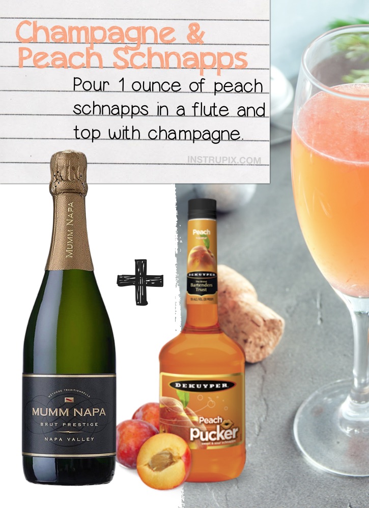 Champagne and Peach Schnapps | 8 Ways You Didn't Know You Could Drink Wine- to make it better, colder or more flavorful. Simple tips and tricks including wine cubes, spritzers, frozen fruit, cocktails, drink recipes and more! #instrupix #lifehacks #wine #drinkrecipes #mindblown