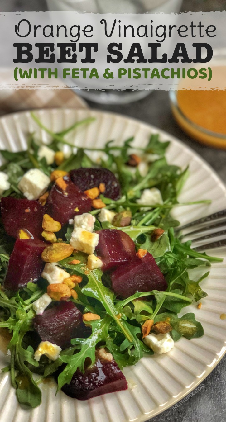 Easy and healthy homemade salad dressing vinaigrette recipe made with olive oil, balsamic vinegar, orange juice, garlic and honey. Served with a delicious beet salad with feta and pistachios. #instrupix #saladdressing #beetsalad