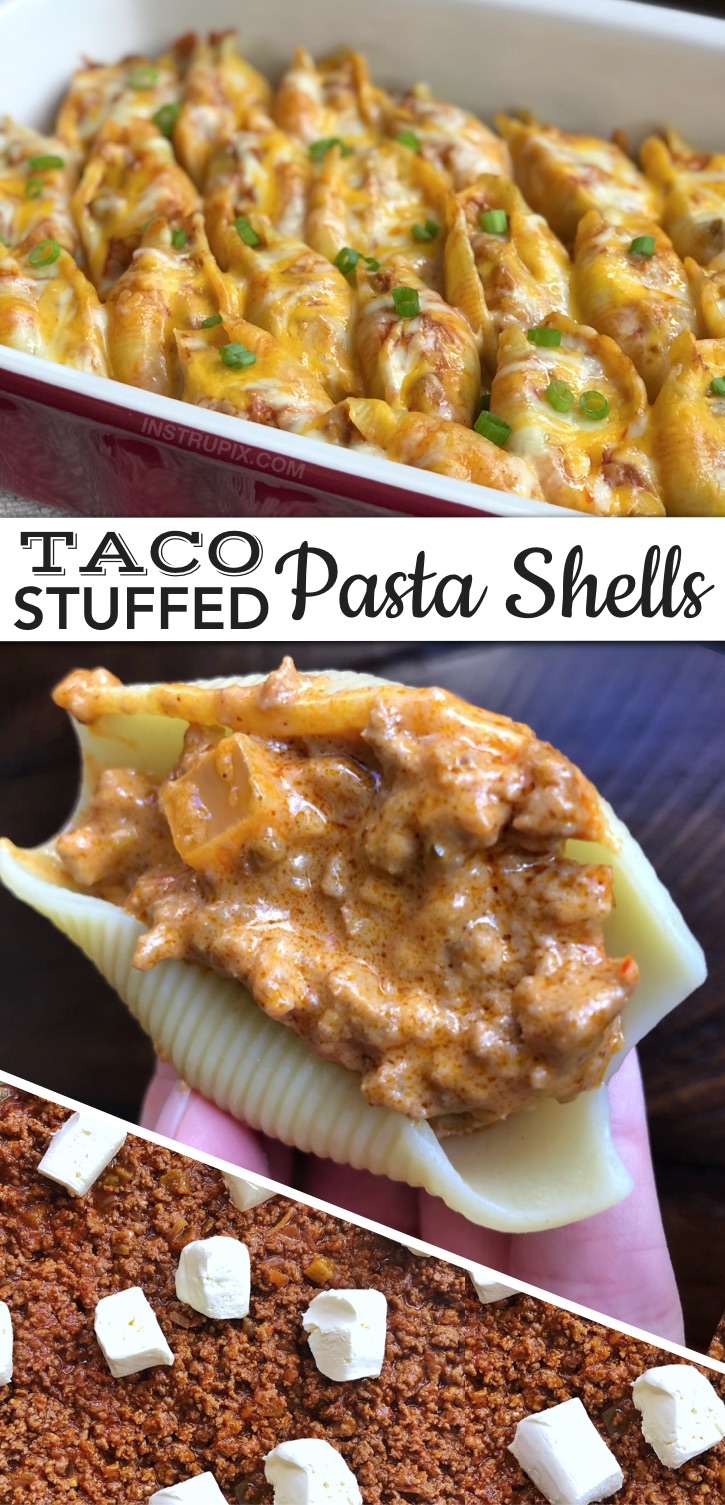 Looking for quick and easy dinner recipes for the family? These ground beef taco pasta stuffed shells are always a hit, even for picky kids! The entire family will love this simple and cheap main dish. It's perfect for busy weeknights meals or even a fun replacement for taco night. Add this main dish to your monthly meal plan! It's budget friendly, easy to make, and kid and husband approved. If you're menu planning and looking for easy dinner ideas on a budget, your search ends here! #instrupix