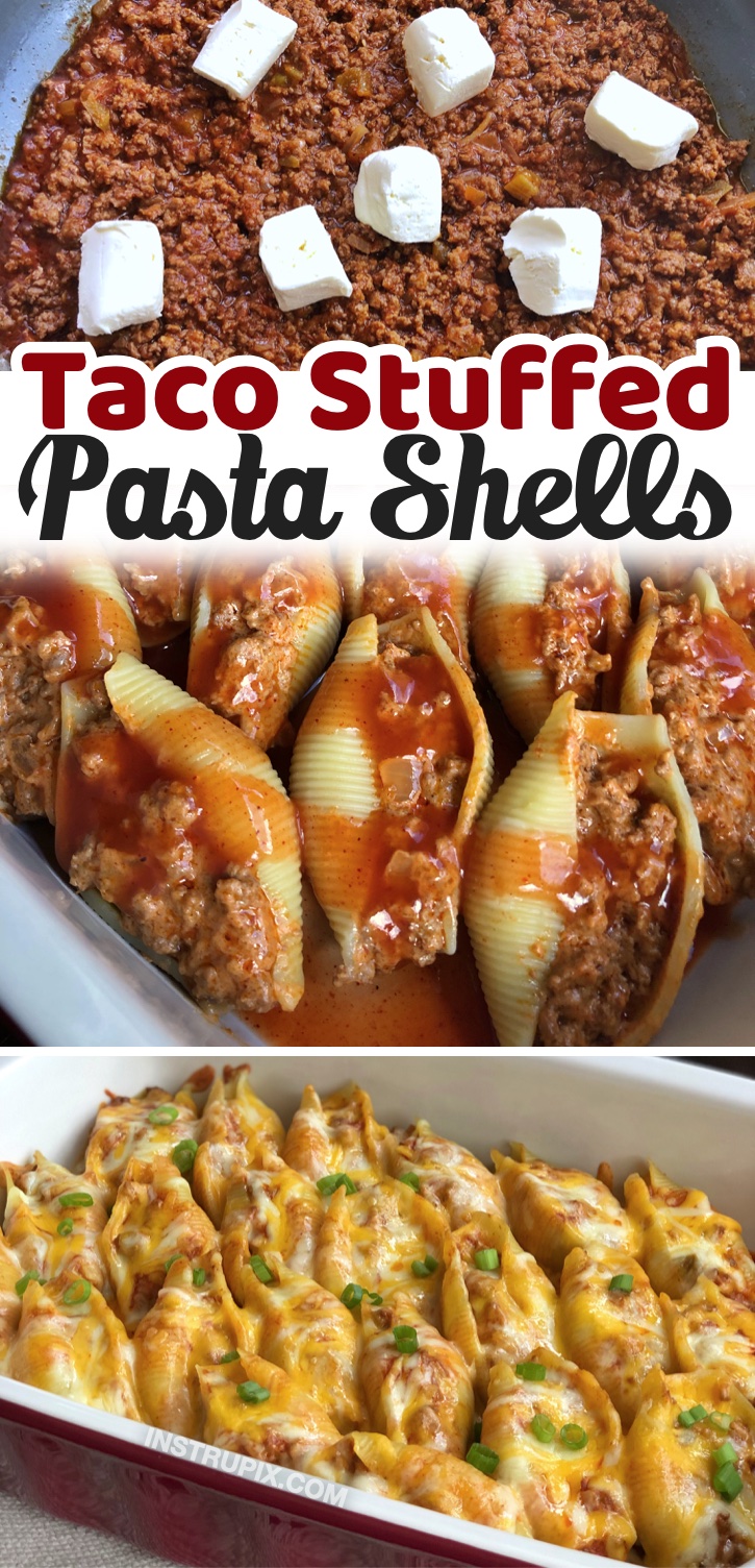 Cheesy Taco Stuffed Pasta Shells | A quick and easy dinner recipe the entire family will love! Including your super picky eaters. My kids love this simple and cheap ground beef and pasta dinner recipe. It's so delicious for busy weeknight meals. A fun twist on Mexican food! If your family struggles to find dinner ideas that everyone can agree on, this fun and unique main dish is for you. It's also cheap to make with just a few ingredients including ground beef, cream cheese, pasta, salsa, enchilada sauce and shredded cheese.