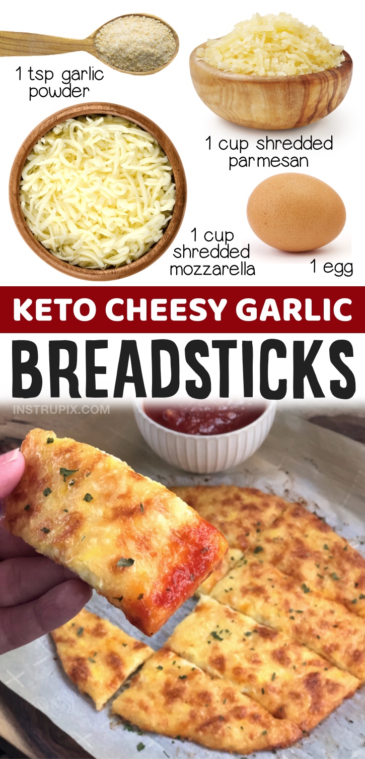 Keto Breadsticks that taste just like garlic bread! No almond flour or coconut flour, just mozzarella cheese, parmesan, an egg and garlic powder to make the best low carb bread you'll ever eat! Seriously, tastes just like garlic bread only better. My favorite low carb snack or even meal idea. Great for last minute dinners! Serve with salad, soup or anything you want. If you're looking for keto recipes, add these breadsticks to your meal plan. They completely curb your cravings for carbs!
