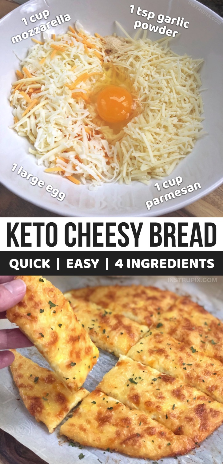 Looking for quick and easy keto recipes for beginners? These cheesy garlic breadsticks are low carb and made with just 4 simple ingredients: mozzarella, parmesan, an egg and garlic powder. This is THE BEST keto comfort food! Serve it as a snack or as a side dish to any keto meal. These are delicious served with a healthy soup or salad. My favorite low carb snack of all time! If you're on a ketogenic or low carb diet, add this simple keto bread recipe to your meal plan. #keto #lowcarb #instrupix