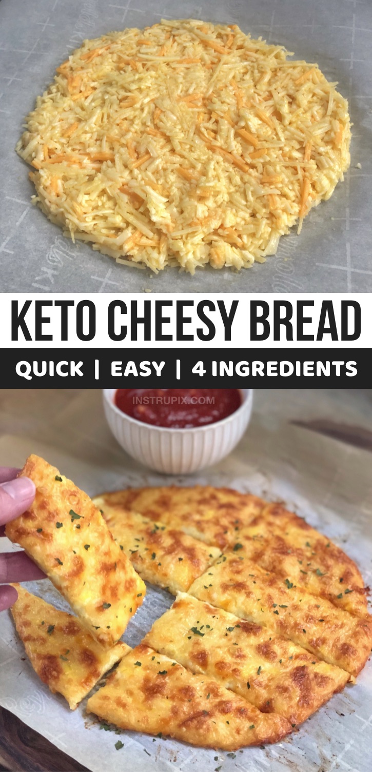 Looking for easy keto recipes for beginners? This quick and easy keto bread is made with just 4 simple ingredients: shredded cheese, parmesan, an egg and garlic powder! This is THE BEST homemade keto snack recipe. Serve alone or with sauce for dipping. If you're looking for low carb snacks or meals for diabetics, add this easy keto recipe to your meal plan. It's very similar to fathead dough, but way easier to make. NO almond flour, coconut flour or cream cheese. #keto #lowcarb #instrupix