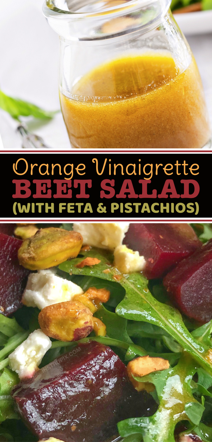 Easy and healthy homemade salad dressing vinaigrette recipe made with olive oil, balsamic vinegar, orange juice, garlic and honey. Served with a delicious beet salad with feta and pistachios. #instrupix #saladdressing #beetsalad