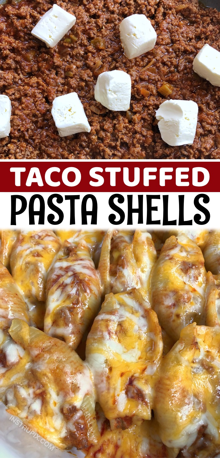 Mexican Taco Stuffed Pasta Shells - If your family struggles to find dinner ideas that everyone can agree on, then this recipe is for you! The kids and adults will be equally pleased. It’s not only delicious, it’s also cheap and easy to make. You can customize it to your own liking, but the main ingredients are simple: pasta shells, ground beef, sauce, cream cheese, and shredded cheese. Bake, eat and voila! Everyone is full and happy. This Mexican inspired recipe is also quite unique, combing taco ingredients with pasta.