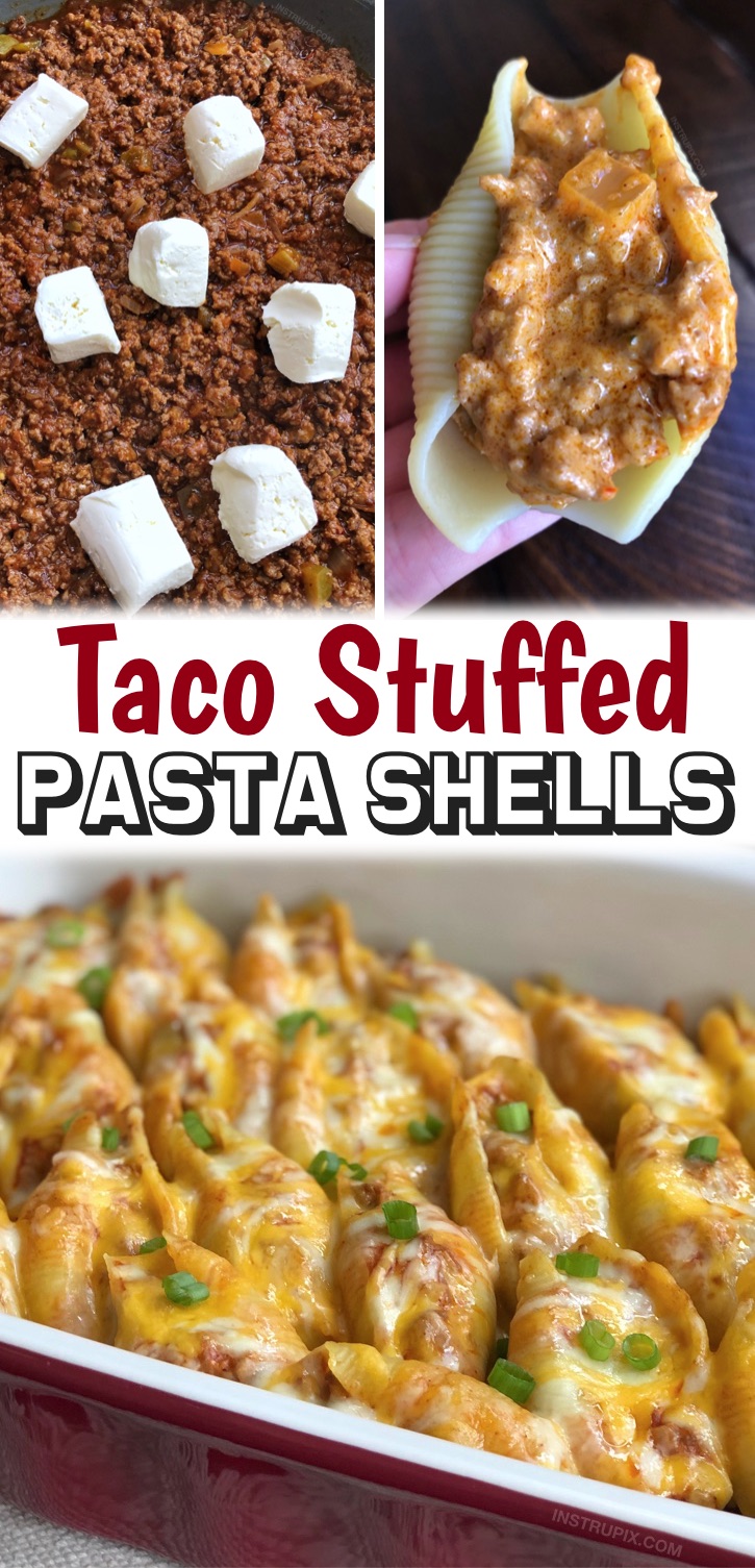 Quick & Easy Dinner Ideas With Ground Beef - I'm always looking for simple and cheap family dinner recipes for my kids, and even my picky eaters love these taco stuffed pasta shells! They are a unique fusion of Mexican & Italian food. How can you go wrong with cheesy ground beef stuffed into pasta? This is definitely a fun meal to make, and a nice change from the usual, boring dinners we usually have. Ground beef dishes are my favorite b/c they are so easy to make on busy weeknight meals.