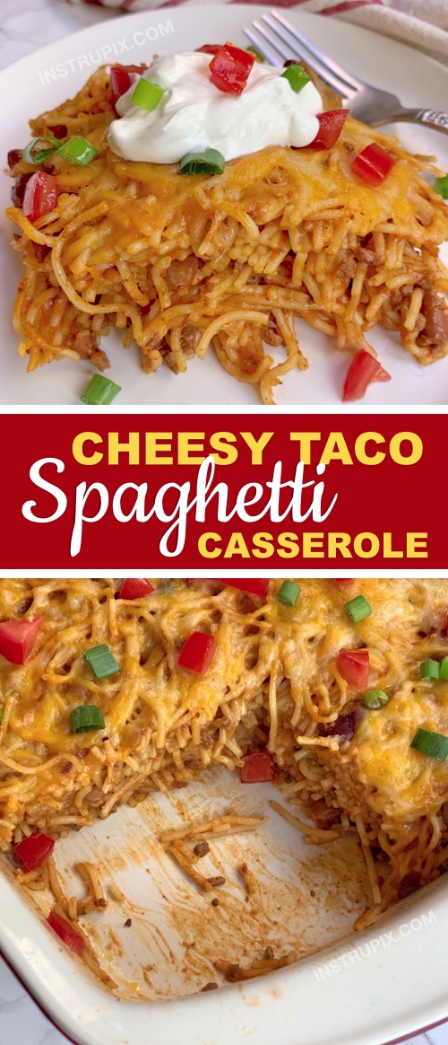 Looking for quick and easy dinner ideas made with ground beef? This Mexican casserole recipe is made with cheap and simple ingredients! It's perfect for the family. Kids love it! The ultimate comfort food for busy weeknights: Cheesy Taco Spaghetti Casserole | Instrupix #instrupix #dinnerrecipes #dinnercasseroles #bakedspaghetti 