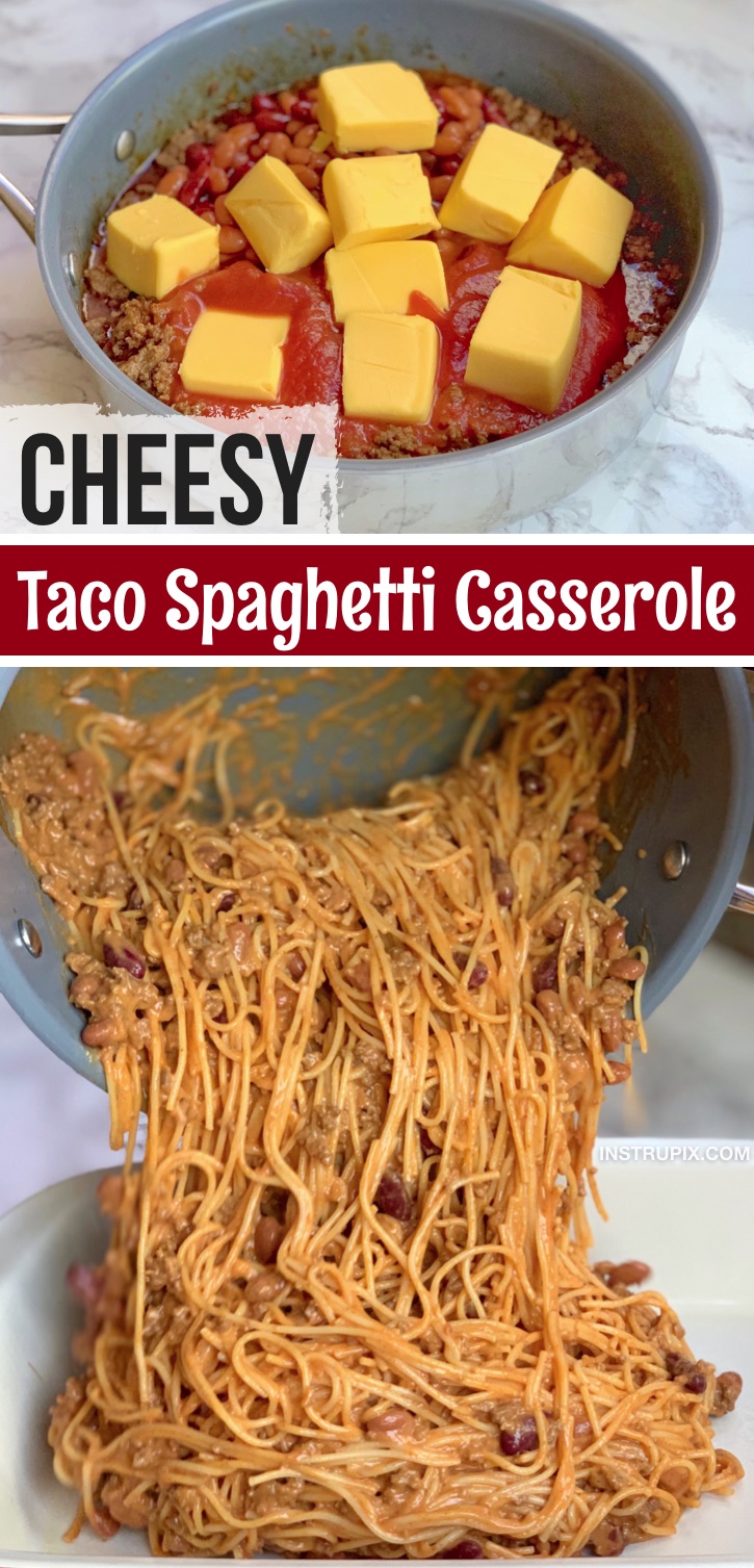 Looking for fun and easy dinner recipes for a family with kids? This Mexican inspired taco spaghetti casserole is so simple and delicious! It's made with cheap and common ingredients including ground beef, pasta, cheese, beans, red sauce and taco seasoning. Serve with sour cream, fresh tomato and onion. So good! Even your picky eaters will devour this quick and easy weeknight meal idea. Perfect for busy moms and dads, plus you can make it ahead of time and simply throw it in the oven. #instrupix