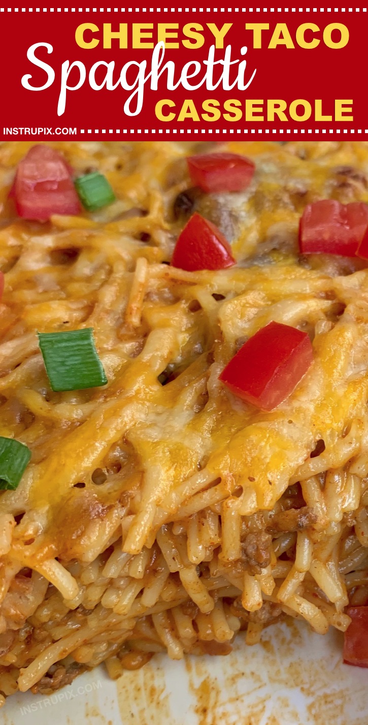 Looking for quick and easy dinner recipes made with ground beef? This cheesy Mexican spaghetti casserole is made with cheap and simple ingredients! It's perfect for the family. Kids love it! The ultimate comfort food for busy weeknights. | Instrupix #instrupix #dinnerrecipes #dinnercasseroles #bakedspaghetti 