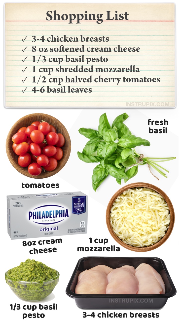 Easy Low Carb Oven Baked Chicken Breast Recipes | Cheesy Pesto Chicken -- A super quick and easy dinner recipe! Keto friendly and made with just a few simple ingredients: chicken, cream cheese, basil pesto, mozzarella cheese and fresh tomatoes and basil for garnish. All baked together in one pan! Very little prep and clean up for this easy and healthy weeknight meal. My entire family loves it, including my picky kids! | Instrupix