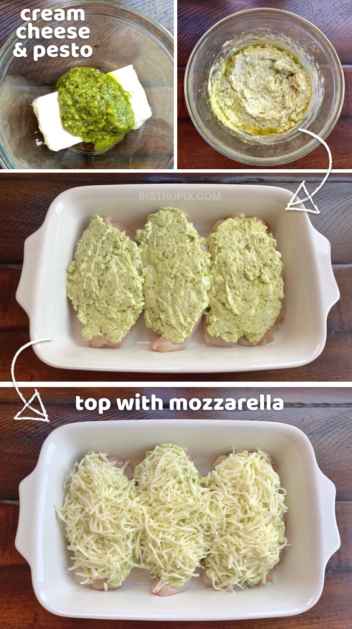Low Carb Cheesy Pesto Chicken -- A quick and easy dinner idea for the whole family! Kid friendly and husband approved. 