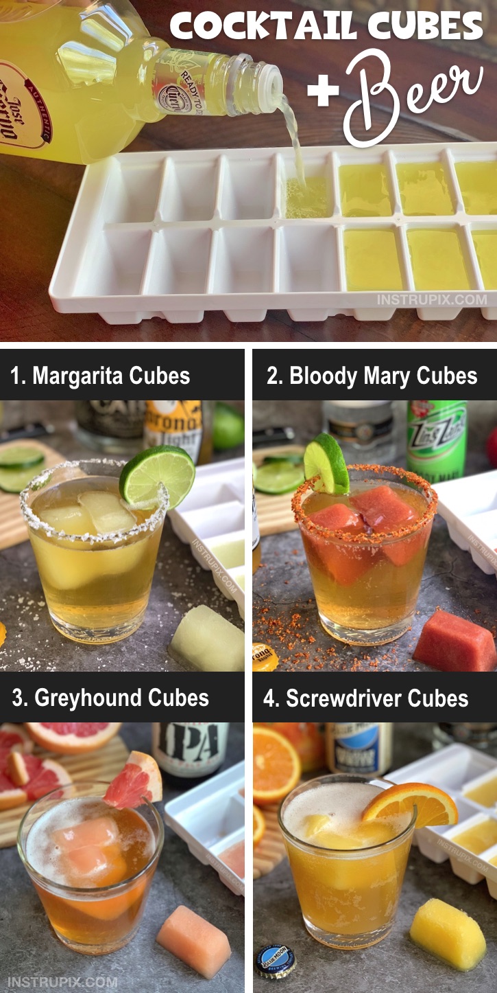 Looking for easy alcoholic drink recipes for this summer? Or any time! Freeze fruity cocktails and juices in an ice cube tray and use them to chill and flavor beer! It's a fun and easy twist to drinking that everyone will love. Great for parties! Vodka and tequila are great mixers. #instrupix #beer #cocktails #cocktailcubes #drinkcubes