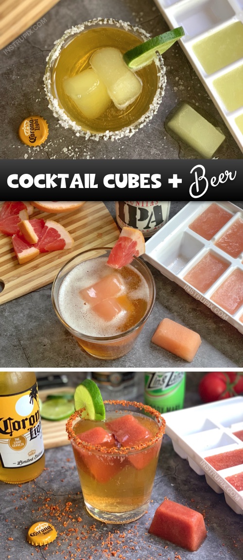 Cocktail Cubes and Beer Recipes -- Super fun and easy drink ideas for this summer! These frozen cocktail cubes are great for lounging by the pool and flavoring your beer! #instrupix