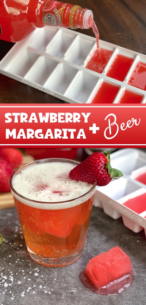 Strawberry Margarita Cubes and Beer (perfect with a blonde beer!) Plus 4 other cocktail cube drink ideas. Great for parties! These cubes flavor and chill your beer at the same time! #instrupix #drinkrecipes #strawberrymargarita