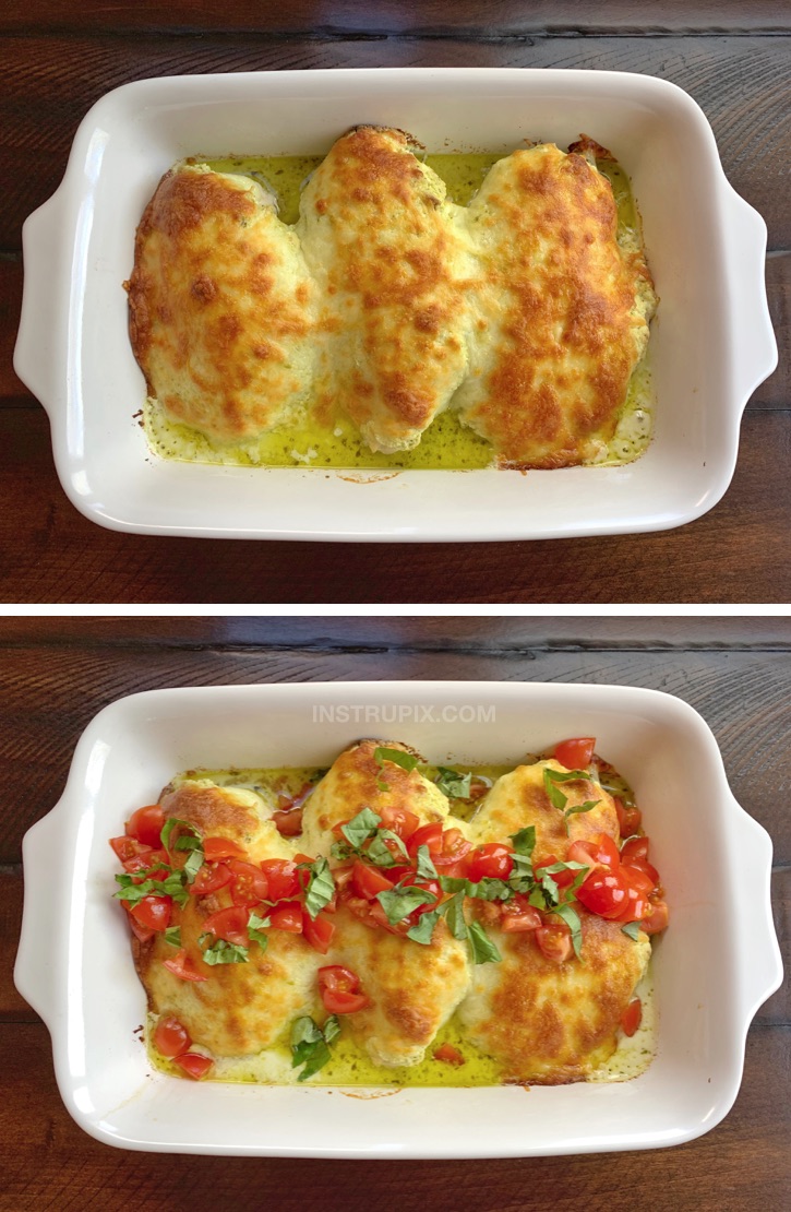 Keto Cheesy Pesto Baked Chicken Recipe -- super quick and easy to make!