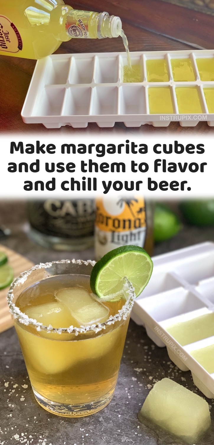 Drinks & Alcohol Recipes | A fun and unique way to drink beer! Make ice cubes out of cocktails and use them to chill and flavor your beer. Fun for summer days by the pool and parties with your friends. I make these for game night! The margarita cubes compliment just about any light Mexican beer, and I love the grapefruit juice with an IPA. Fun for a party or just a Sunday afternoon at home while you're watching football. My husband loves this tasty drink hack! Quick and easy to make ahead. 