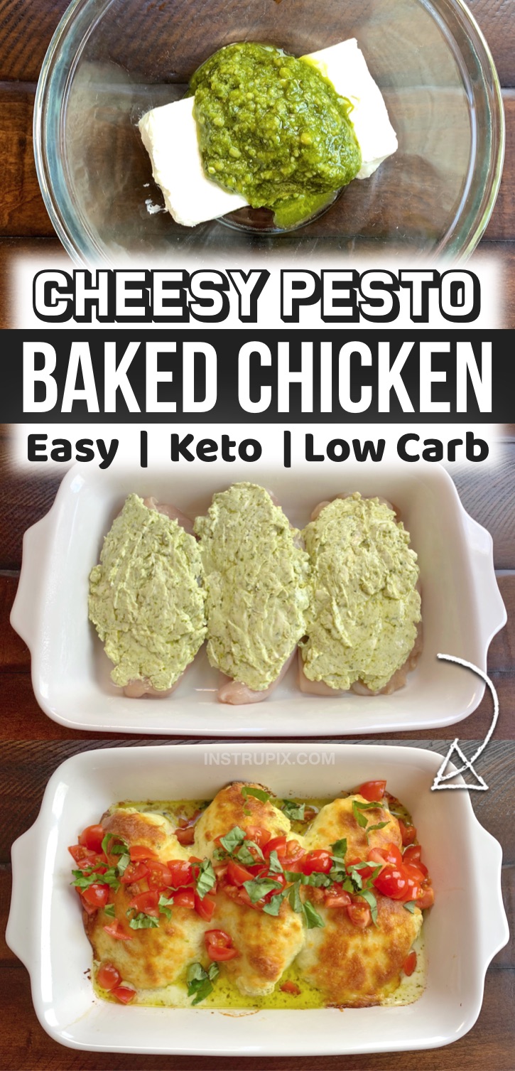 I'm always looking for quick and easy keto dinner recipes, and this cheesy pesto baked chicken is so darn simple to make in just one pan! It's so yummy, even my kids and non keto husband love it. I serve it with cauliflower rice to keep it low carb and healthy, but my family enjoys it with regular rice or garlic bread. Super family friendly! A great last minute dinner idea for busy weekday meals. This is my favorite way to cook chicken breasts in the oven. Totally effortless and simple to make!