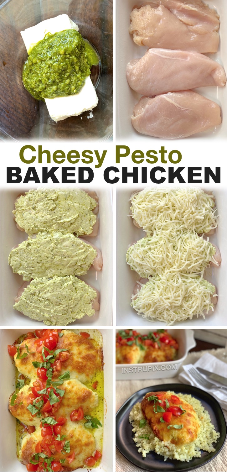 Looking for easy baked chicken recipes for dinner? You won't believe how good this cheesy pesto chicken is! It's made with just a few ingredients including cream cheese, basil pesto, shredded mozzarella and then topped with fresh tomatoes and basil. It's healthy, low carb and delicious! My entire family loves it. We serve it with rice (or cauliflower rice) and a salad. Even my kids love it, plus it's quick to make in just one pan with very little clean up. So yummy!