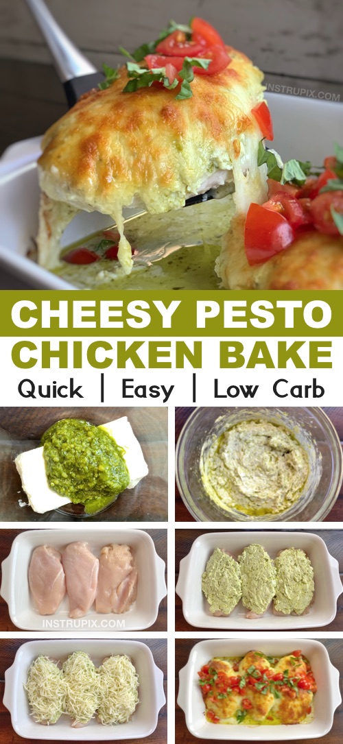 Low Carb Cheesy Pesto Chicken Recipe | An easy keto friendly dinner recipe made with chicken, cream cheese, pesto and mozzarella! Simple ingredients that the entire family will love. Keto and low carb-- just serve it with cauliflower rice! #instrupix #chicken #keto #lowcarb