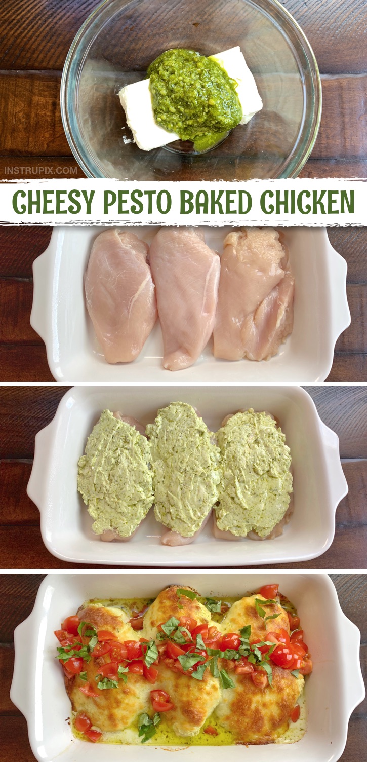 If you're looking for easy keto chicken dinner recipes, this baked boneless chicken breast recipe is the bomb! Cheesy Pesto Baked Chicken. It's made with just a handful of simple ingredients and made in ONE DISH with cream cheese, pesto & mozzarella-- then topped with fresh tomatoes and basil. Yum! It's super quick and easy to make for the whole family. It's definitely a wonderful and healthy, low carb option for anyone following a ketogenic diet. The BEST chicken recipes ever for dinner. #keto #lowcarb #chicken #instrupix