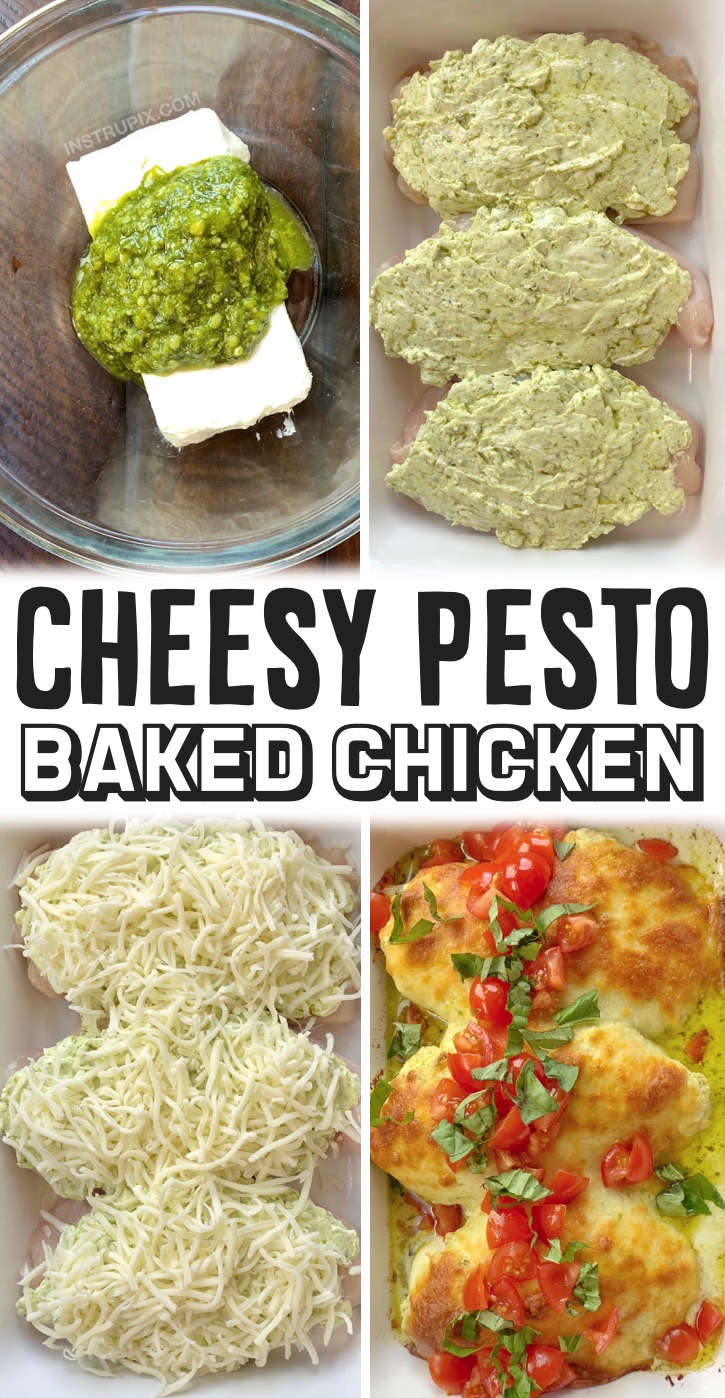 Looking for easy chicken breast recipes for dinner? This cheesy pesto oven baked chicken is AMAZING! My entire family loves this simple weeknight meal. It's all made in just one pan and is so creamy and delicious. You can serve it alone or with pasta, rice, veggies, salad, garlic bread or anything else you'd like. It's healthy and low carb eaten alone! It's great for a family with picky kids and can be customized to your liking. It's also pretty cheap and budget friendly for such a tasty meal.