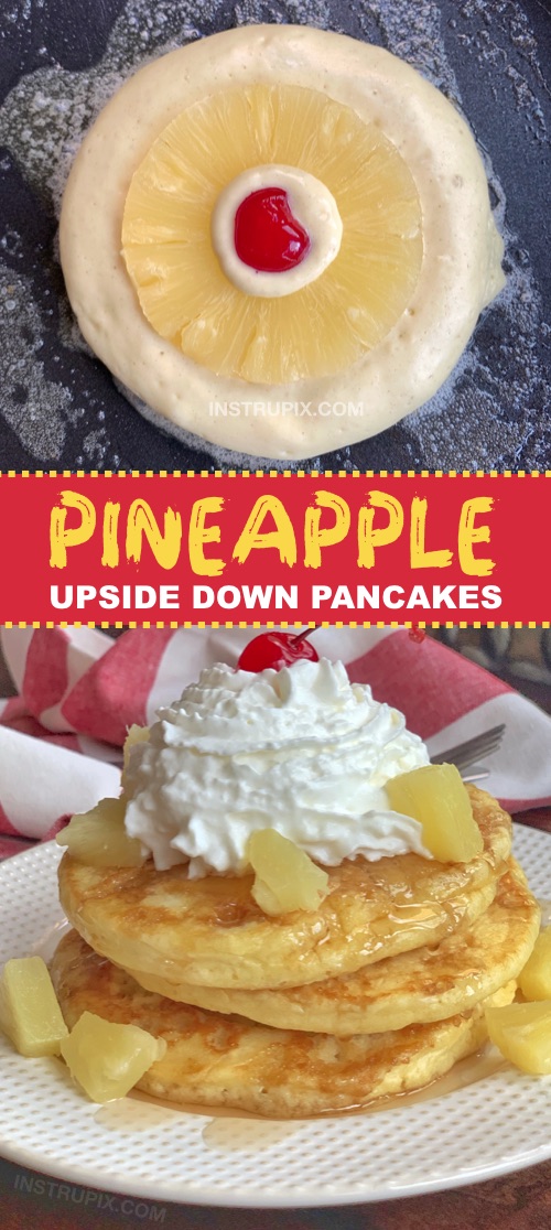 Looking for quick and easy breakfast ideas the entire family will love? Kids and adults will devour these Pineapple Upside Down Pancakes! They are fun to make and made with simple and cheap ingredients. Perfect for sleepovers and special occasions (or any Sunday morning!) #breakfast #pancakes #instrupix #pineapple