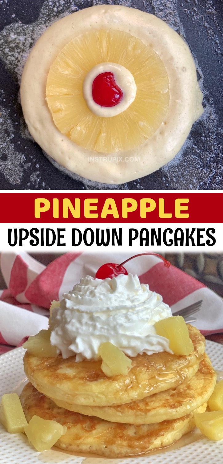 Pineapple Upside Down Pancakes - A super fun and creative breakfast idea for kids AND adults! If you’re looking for quick and easy pancake recipes that are a little more exciting than the traditional, these pineapple upside down pancakes are absolutely amazing! My kids love this simple and creative pancake recipe made with Bisquick, pineapple rings and cherries. A unique and yummy breakfast recip, especially during special occasions like back to school, pajama parties, sleepovers and birthdays.