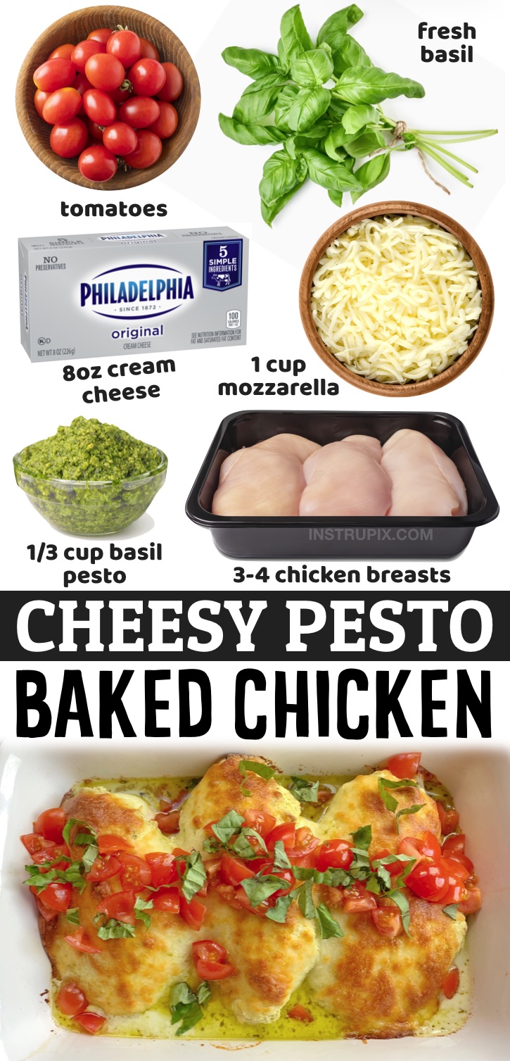 Nothing beats a simple dinner for busy weeknight meals! This cheesy pesto chicken is so quick and easy to make in just one pan with a few ingredients: chicken breasts, shredded mozzarella, basil pesto, cream cheese, fresh tomatoes and basil. So yummy! This is a family favorite dinner recipe, even my picky kids love it. Plus, it's low carb and healthy. Serve with cauliflower rice! This meal only takes about 30 minutes to whip together and is one of my best reviewed and most popular recipes.