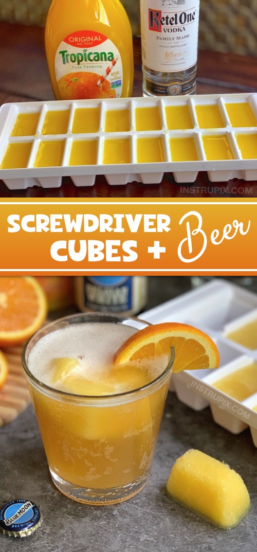 Screwdriver Cubes and Beer | Looking for easy alcoholic drink recipes for this summer? Or any time! Freeze fruity cocktails and juices in an ice cube tray and use them to chill and flavor beer! It's a fun and easy twist to drinking that everyone will love. Great for parties! Vodka and tequila are great mixers. #instrupix #beer #cocktails #cocktailcubes #drinkcubes